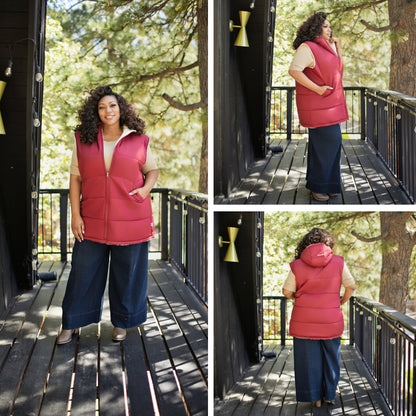 LuLaRoe Alta Reversible Long Vest Solid Brick Red, lifestyle and detail photo 9