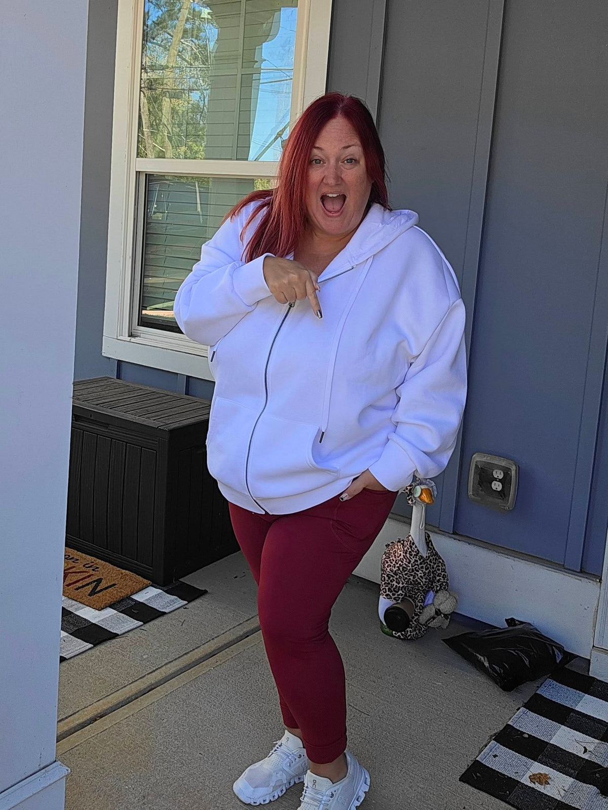 LuLaRoe WarmTech fleece-lined leggings solid deep berry red - detail and lifestyle view 1