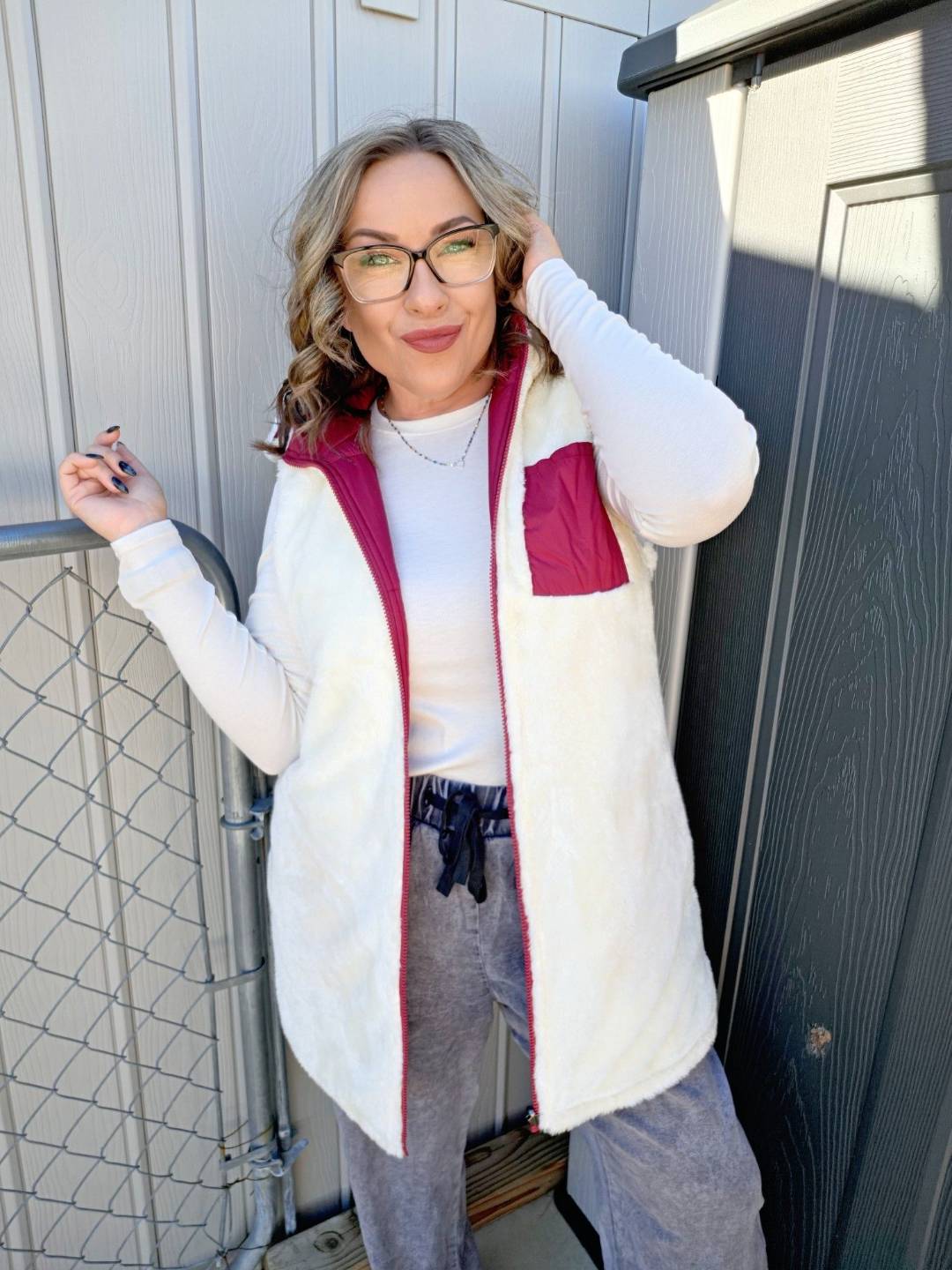 LuLaRoe Alta Reversible Long Vest Solid Brick Red, lifestyle and detail photo 10