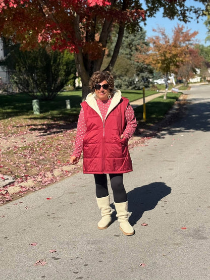 LuLaRoe Alta Reversible Long Vest Solid Brick Red, lifestyle and detail photo 11