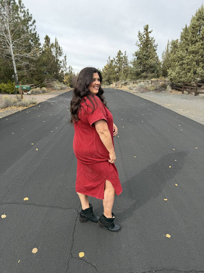 LuLaRoe Leticia Solid Mineral Washed Deep Crimson Red 100% cotton mineral washed midi T-shirt dress - product image 3