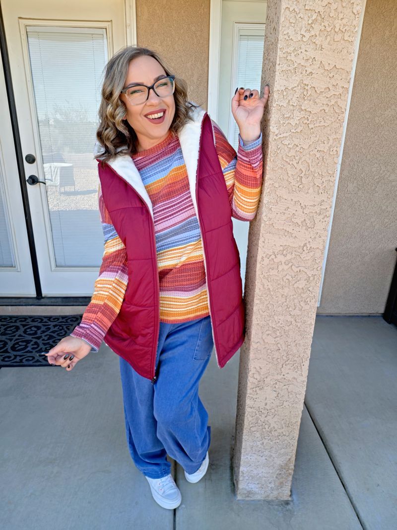 LuLaRoe Alta Reversible Long Vest Solid Brick Red, lifestyle and detail photo 8