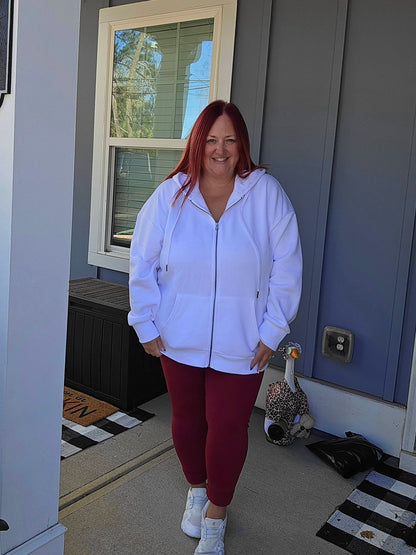 LuLaRoe WarmTech fleece-lined leggings solid deep berry red - detail and lifestyle view 4