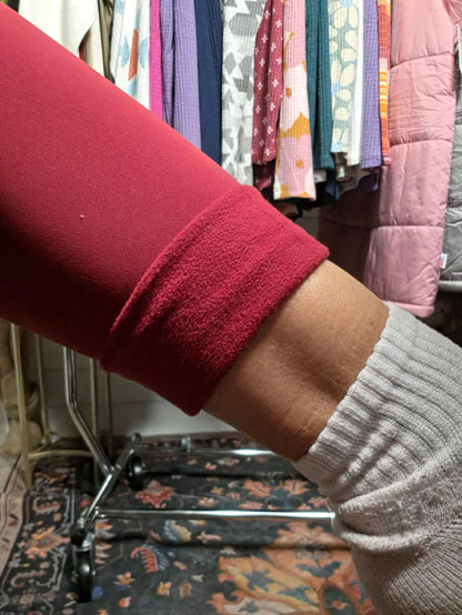 LuLaRoe WarmTech fleece-lined leggings solid deep berry red - detail and lifestyle view 5