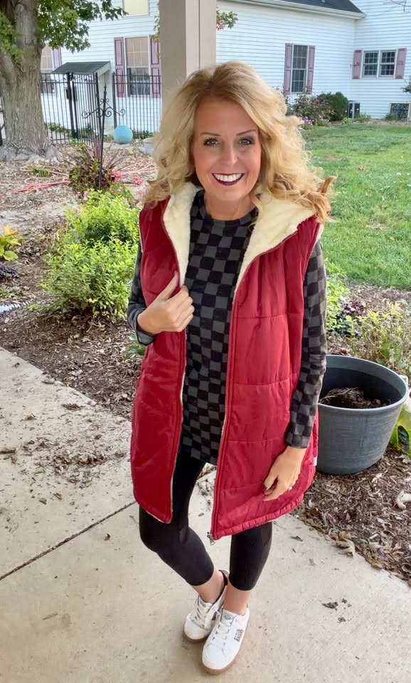 LuLaRoe Alta Reversible Long Vest Solid Brick Red, lifestyle and detail photo 12