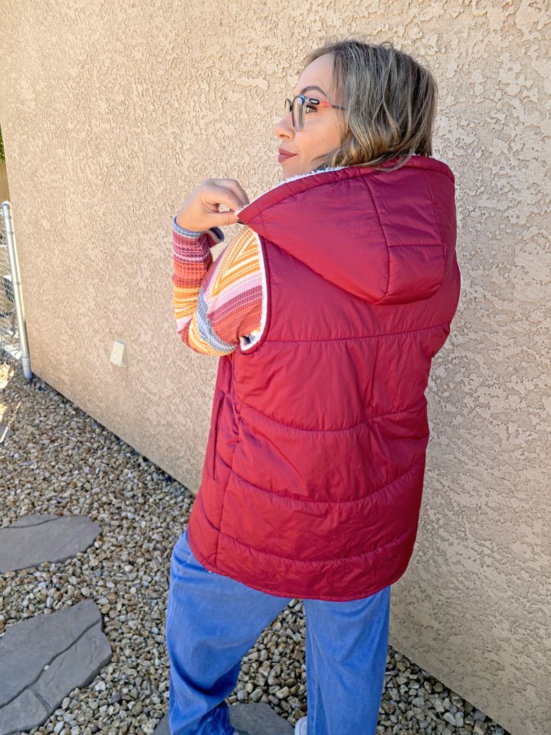 LuLaRoe Alta Reversible Long Vest Solid Brick Red, lifestyle and detail photo 7