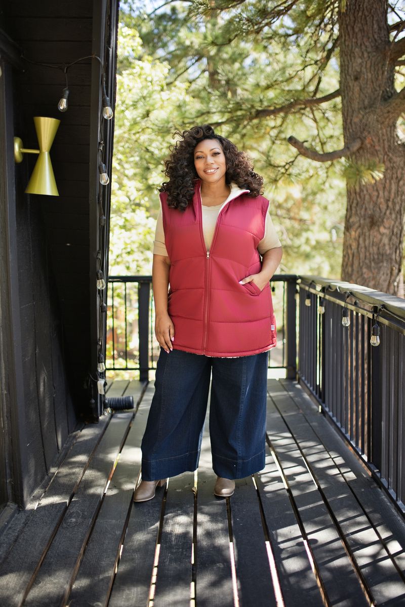 LuLaRoe Alta Solid Brick Red reversible puffer vest, product and styling photo 4