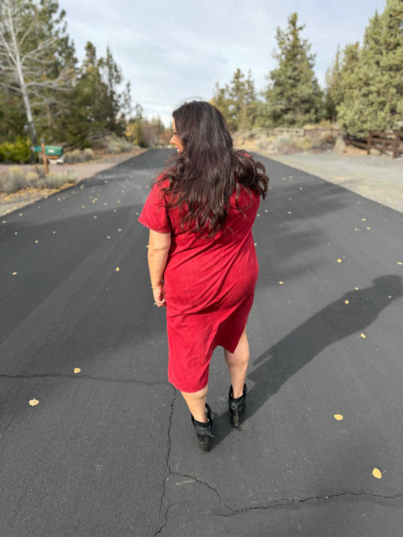 LuLaRoe Leticia Solid Mineral Washed Deep Crimson Red 100% cotton mineral washed midi T-shirt dress - product image 4