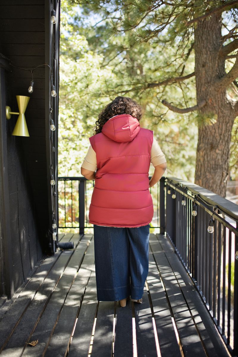 LuLaRoe Alta Solid Brick Red reversible puffer vest, product and styling photo 3