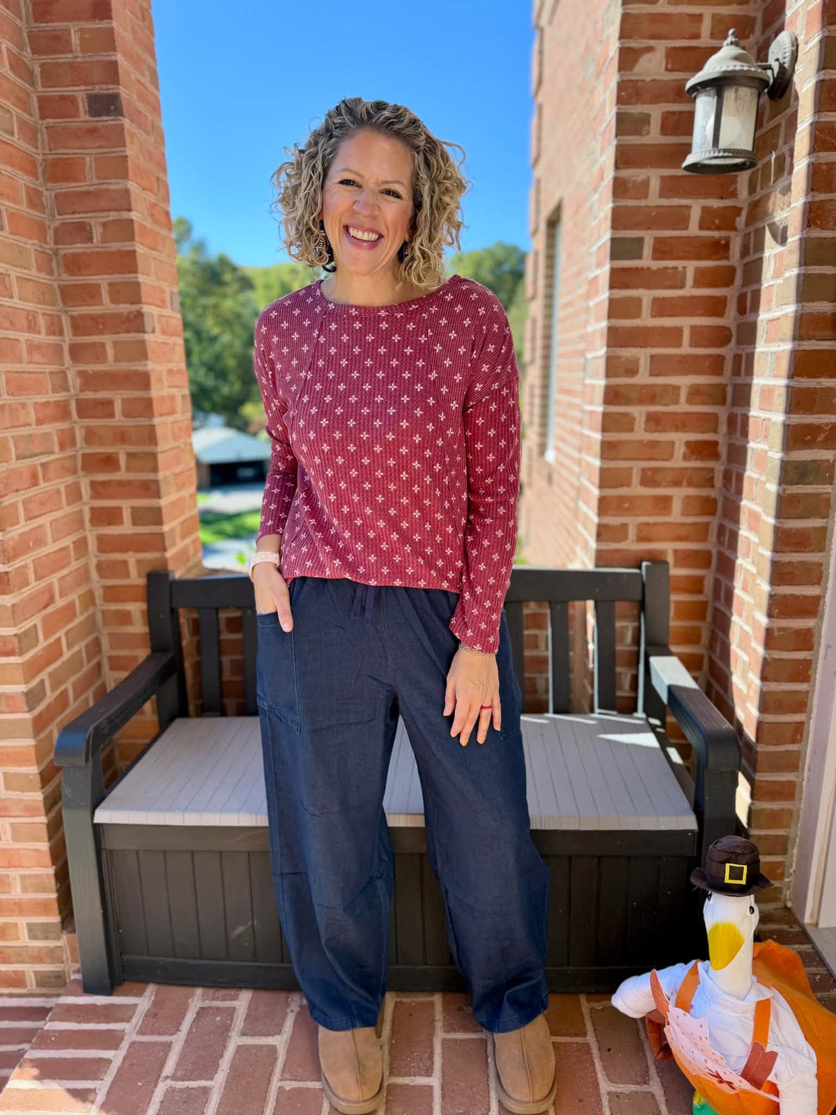 LuLaRoe LuLaRoe Tina Mixed Media Long Sleeve Top – Dusty Red White Ditsy Cross 