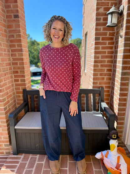 LuLaRoe LuLaRoe Tina Mixed Media Long Sleeve Top – Dusty Red White Ditsy Cross 