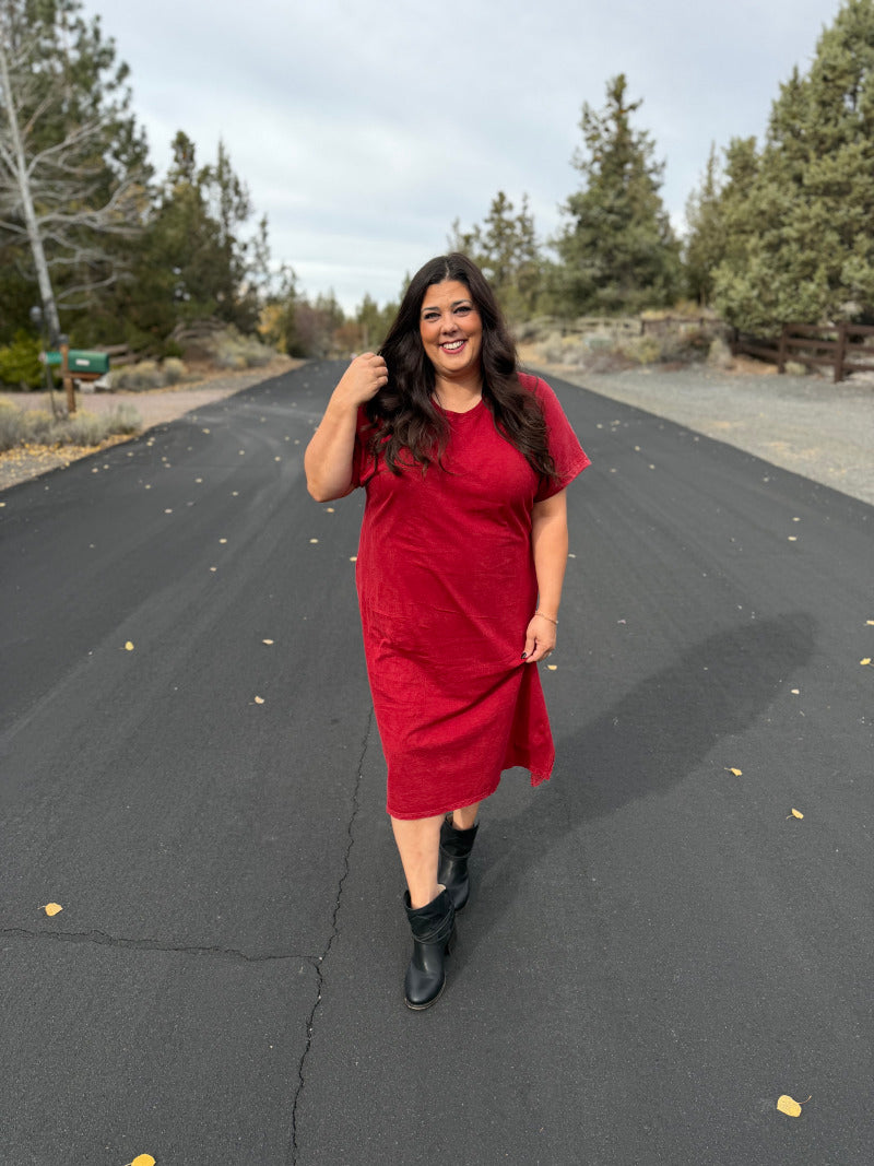 LuLaRoe Leticia Solid Mineral Washed Deep Crimson Red 100% cotton mineral washed midi T-shirt dress - product image 8
