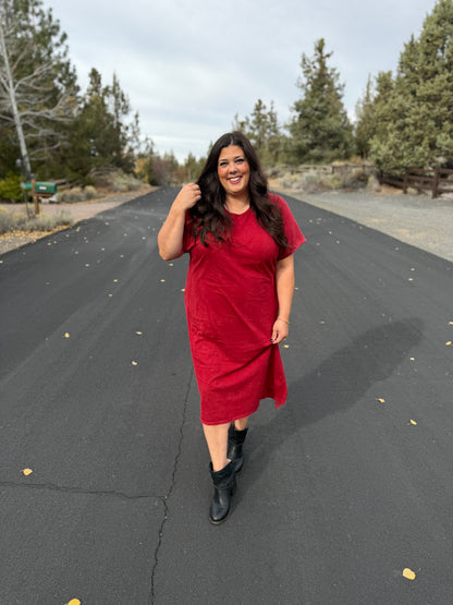 LuLaRoe Leticia Solid Mineral Washed Deep Crimson Red 100% cotton mineral washed midi T-shirt dress - product image 8