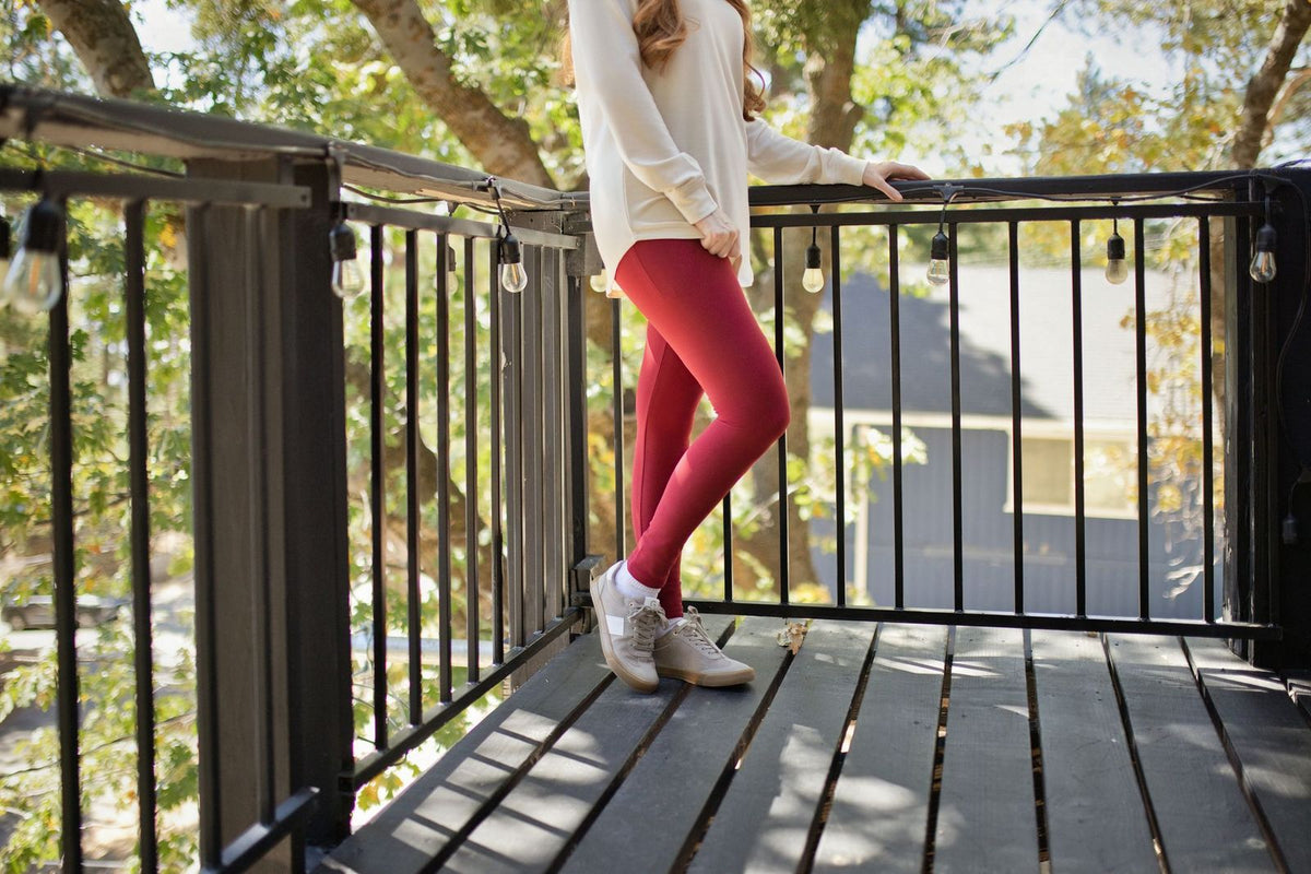 LuLaRoe WarmTech fleece-lined leggings solid deep berry red - detail and lifestyle view 2