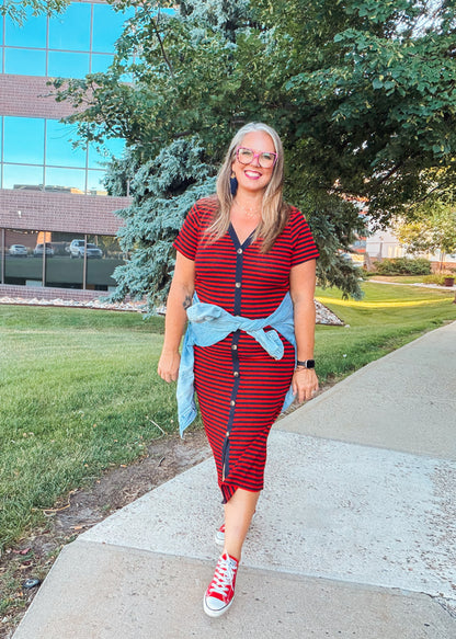 LuLaRoe Leni Button Front Midi Dress in Red and Navy Scalloped Stripe with short sleeves and faux tortoiseshell buttons