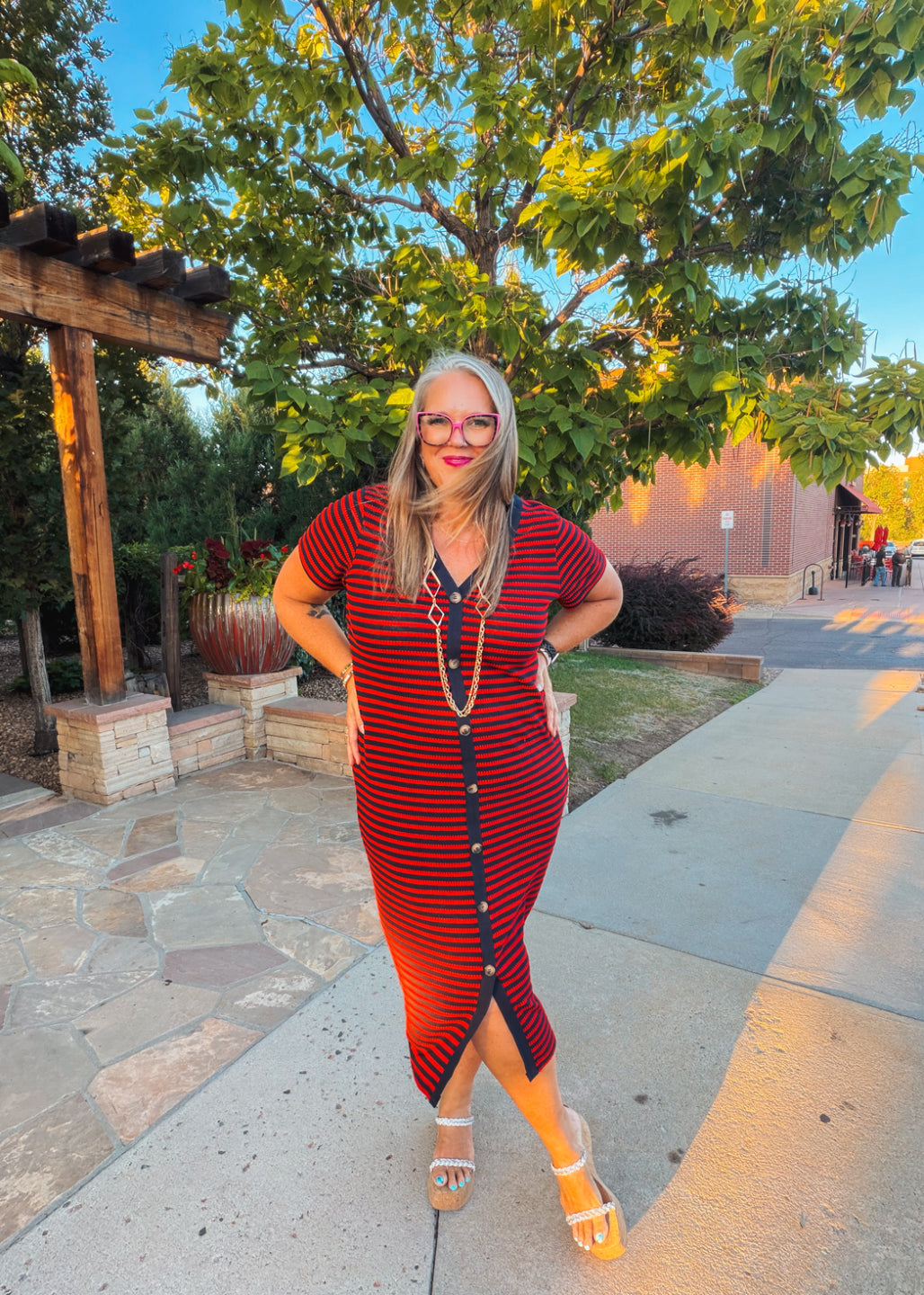 LuLaRoe Leni Dress – Red & Navy Scalloped Stripe XL