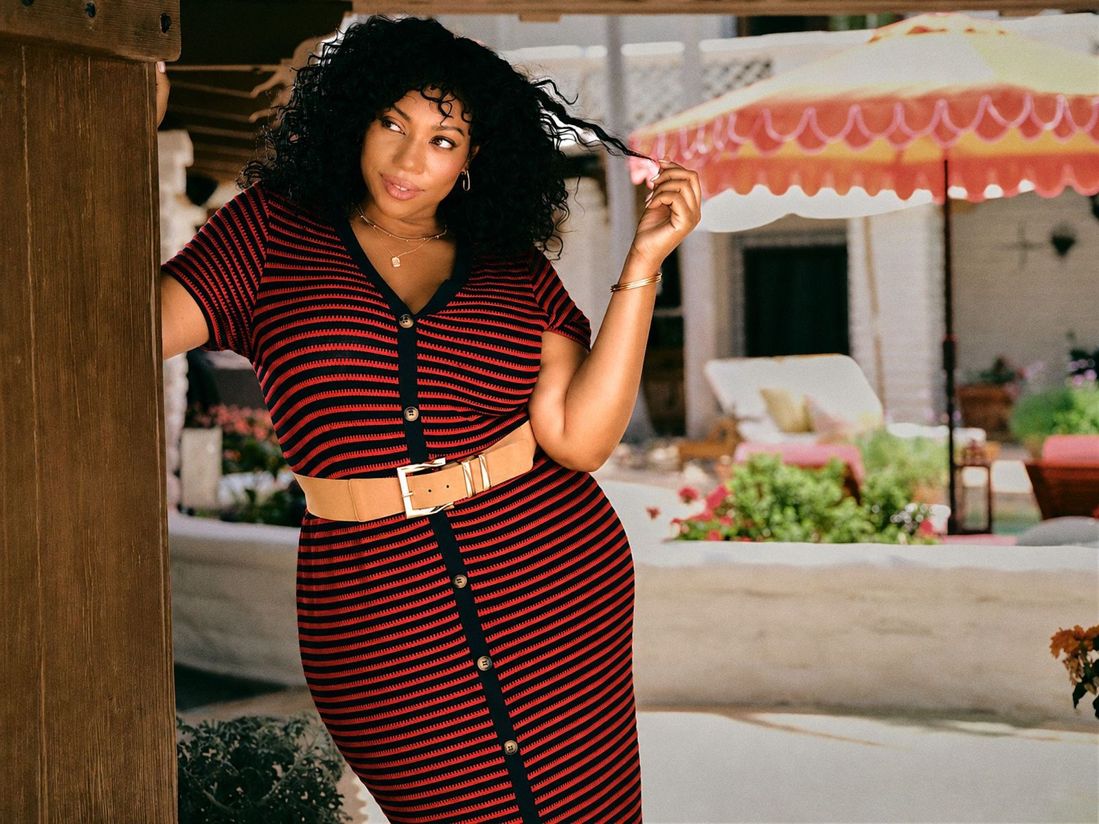 LuLaRoe Leni Button Front Midi Dress in Red and Navy Scalloped Stripe with short sleeves and faux tortoiseshell buttons