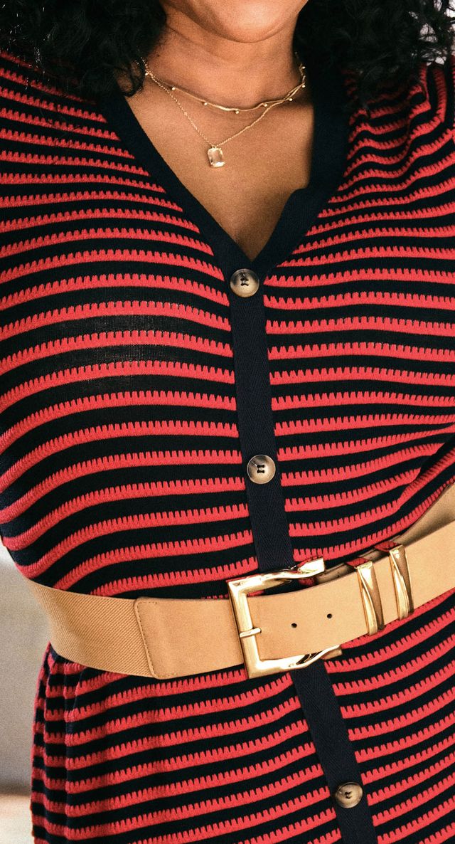 LuLaRoe Leni Button Front Midi Dress in Red and Navy Scalloped Stripe with short sleeves and faux tortoiseshell buttons