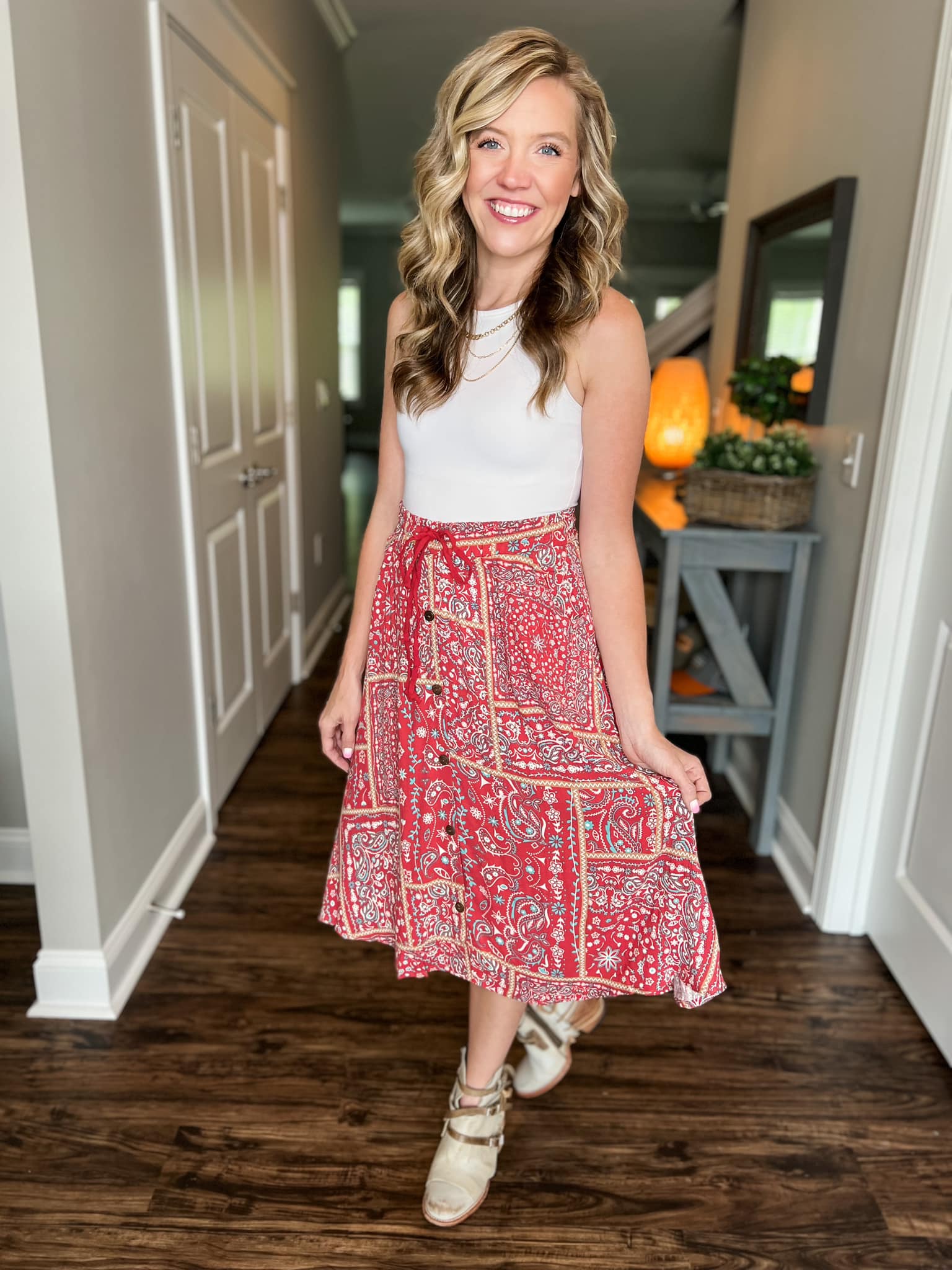 LuLaRoe LuLaRoe Marsha Midi Skirt - Crimson Folk Patch 