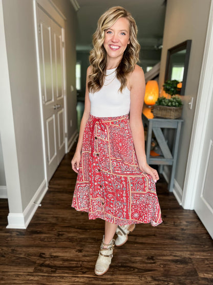 LuLaRoe LuLaRoe Marsha Midi Skirt - Crimson Folk Patch 