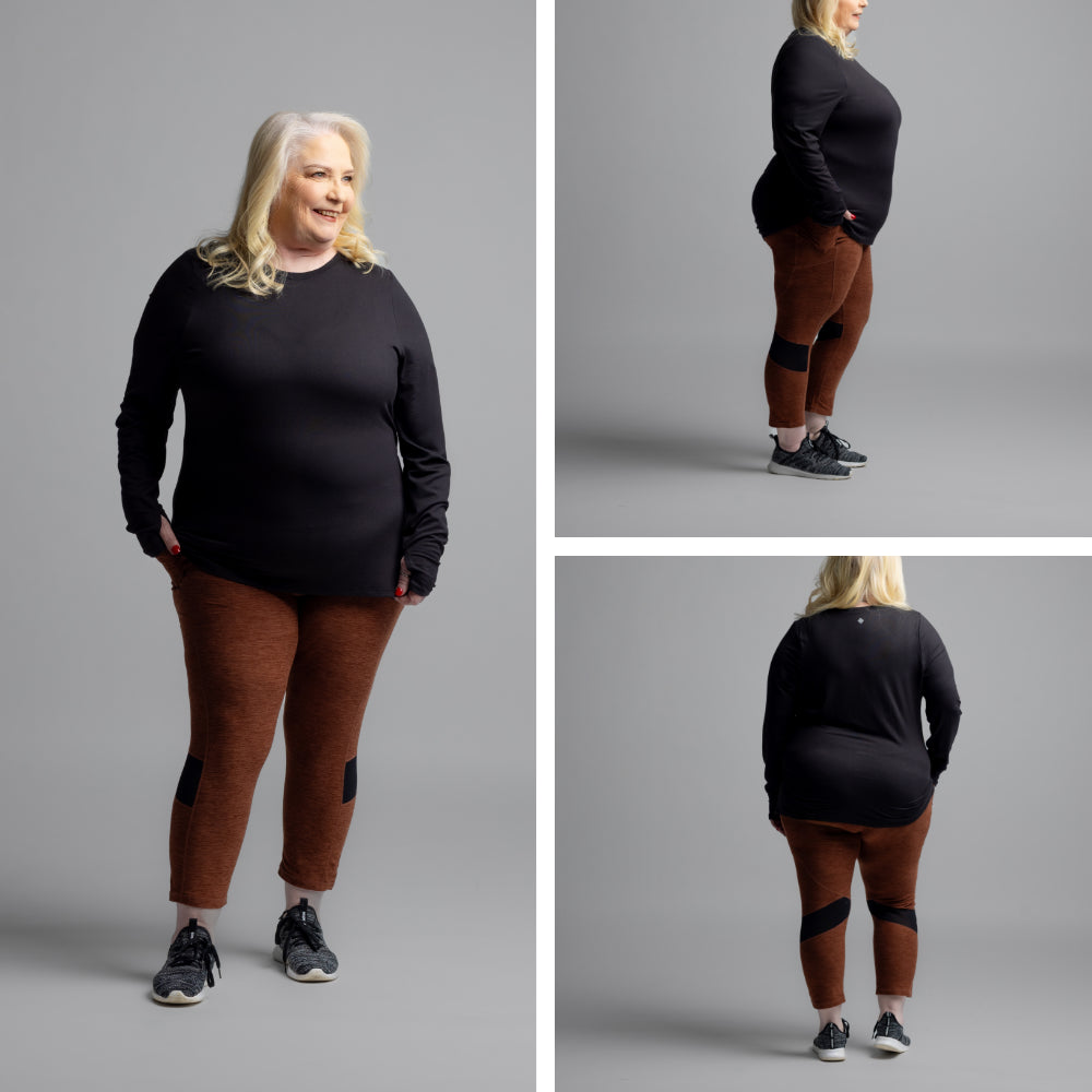 RISE Limitless Long Sleeve Top in solid black with a crew neckline and long sleeves shown from front, side, and back views on a model on a gray background.