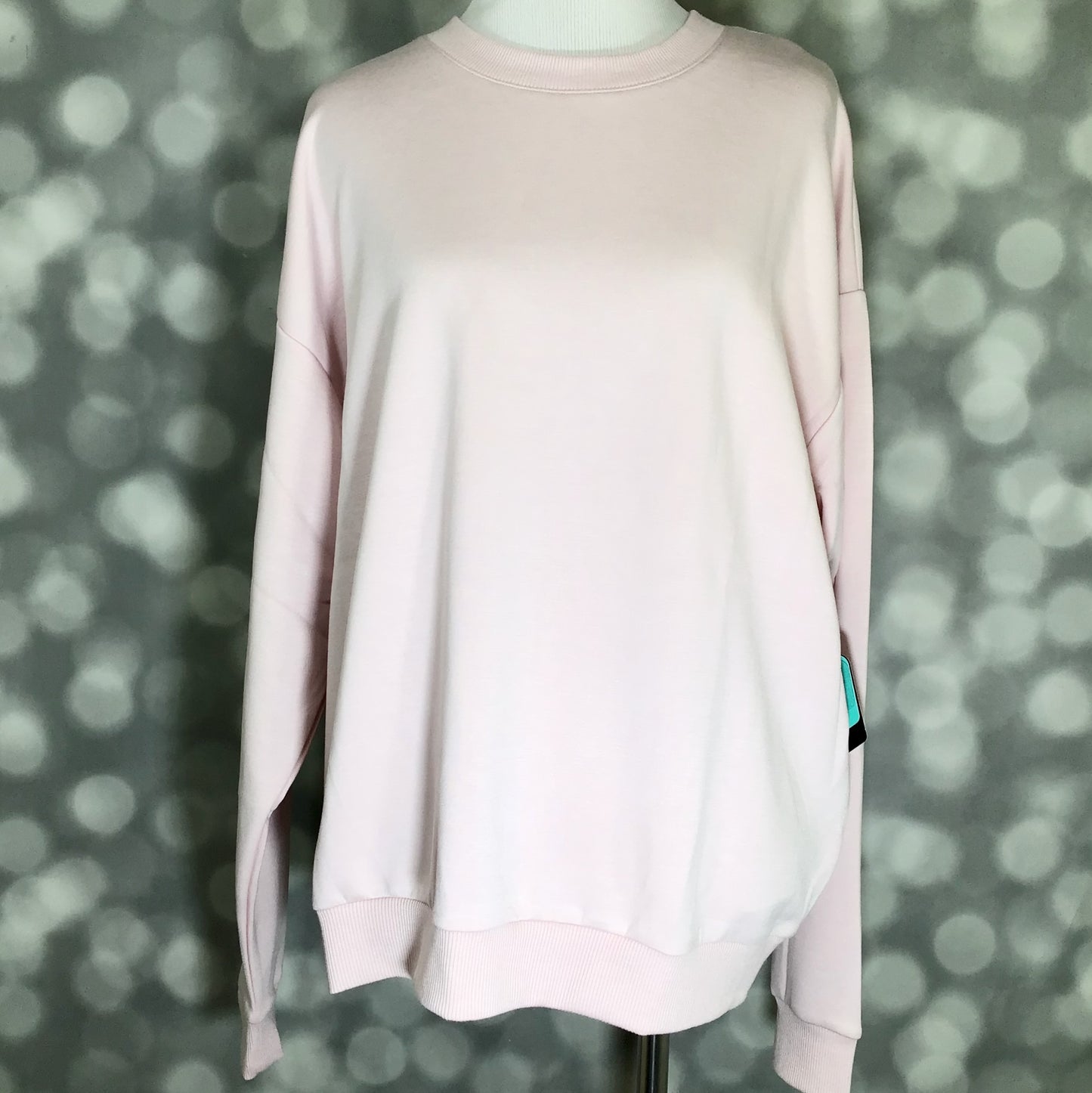 Rise Reset Crewneck Pullover in solid blush cloud with a relaxed oversized fit and ribbed hem on a mannequin against a blurred gray background