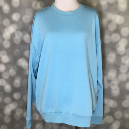 Rise Reset Crewneck Pullover in solid cloud blue featuring a relaxed oversized fit and ribbed hem on a mannequin against a blurred background