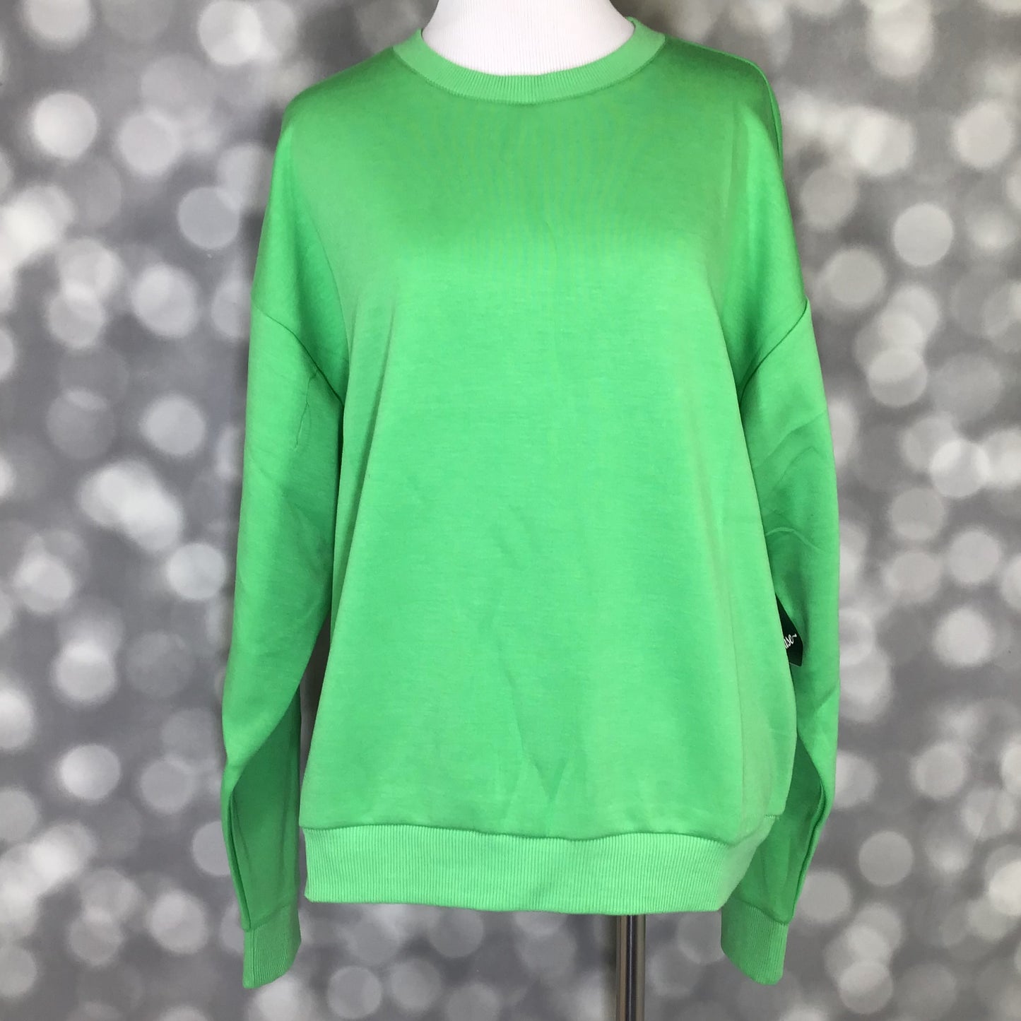 Rise Reset Crewneck Pullover in solid fresh clover green with an oversized relaxed fit and ribbed hem on a mannequin against a blurred gray background