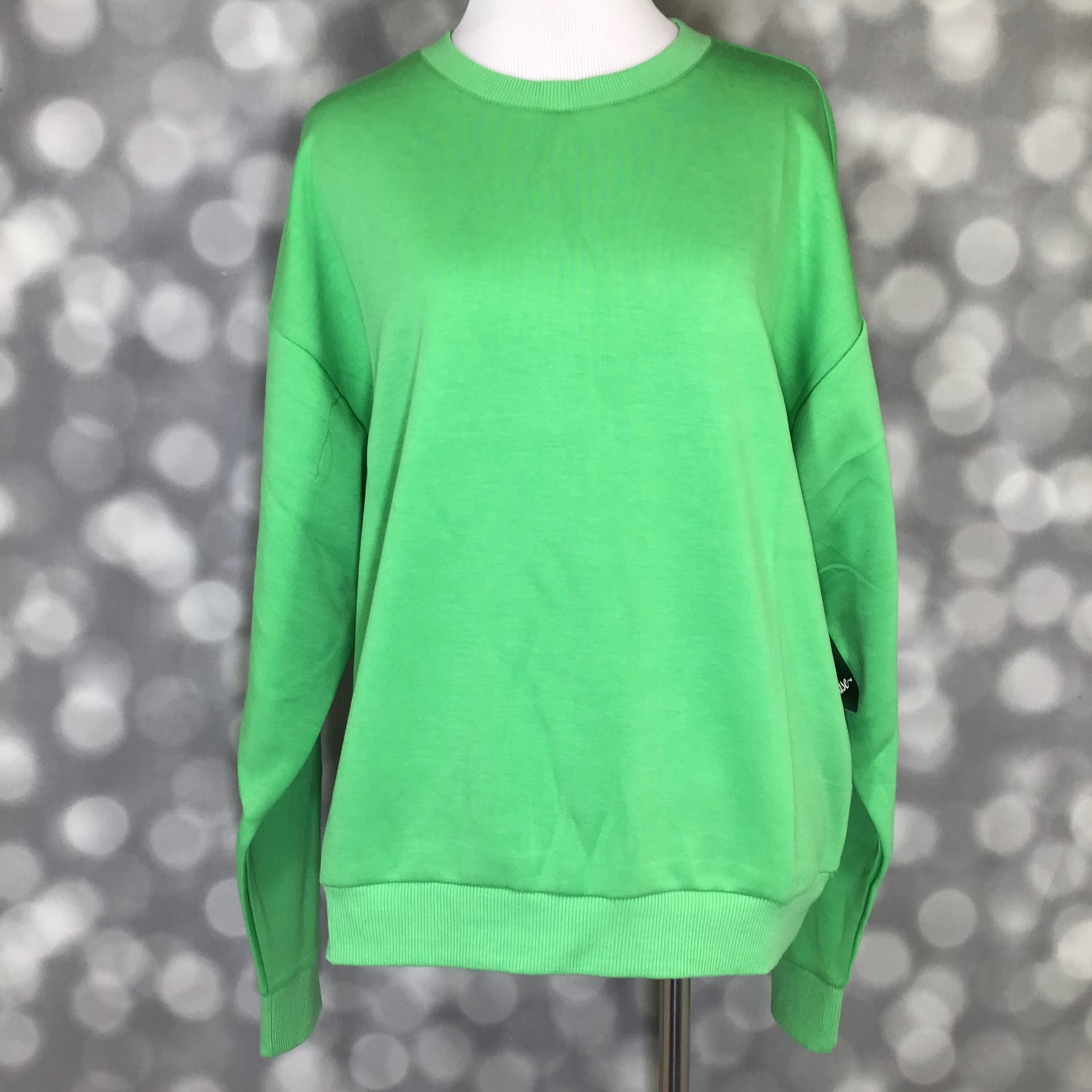 Rise Reset Crewneck Pullover in solid fresh clover green with an oversized relaxed fit and ribbed hem on a mannequin against a blurred gray background