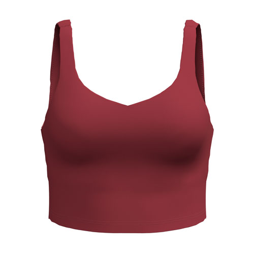 Front flat lay image of the LuLaRoe Rise Resilient Cami Bralette in Solid Crimson Ember featuring a rich crimson red solid color, longline athletic silhouette, wide straps, and soft Lotus Jersey performance fabric on a light background.