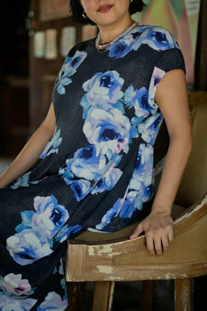 LuLaRoe Cassandra Cap Sleeve Midi Dress – Charcoal Black with Blue & Blush Pink Watercolor Roses – view 6