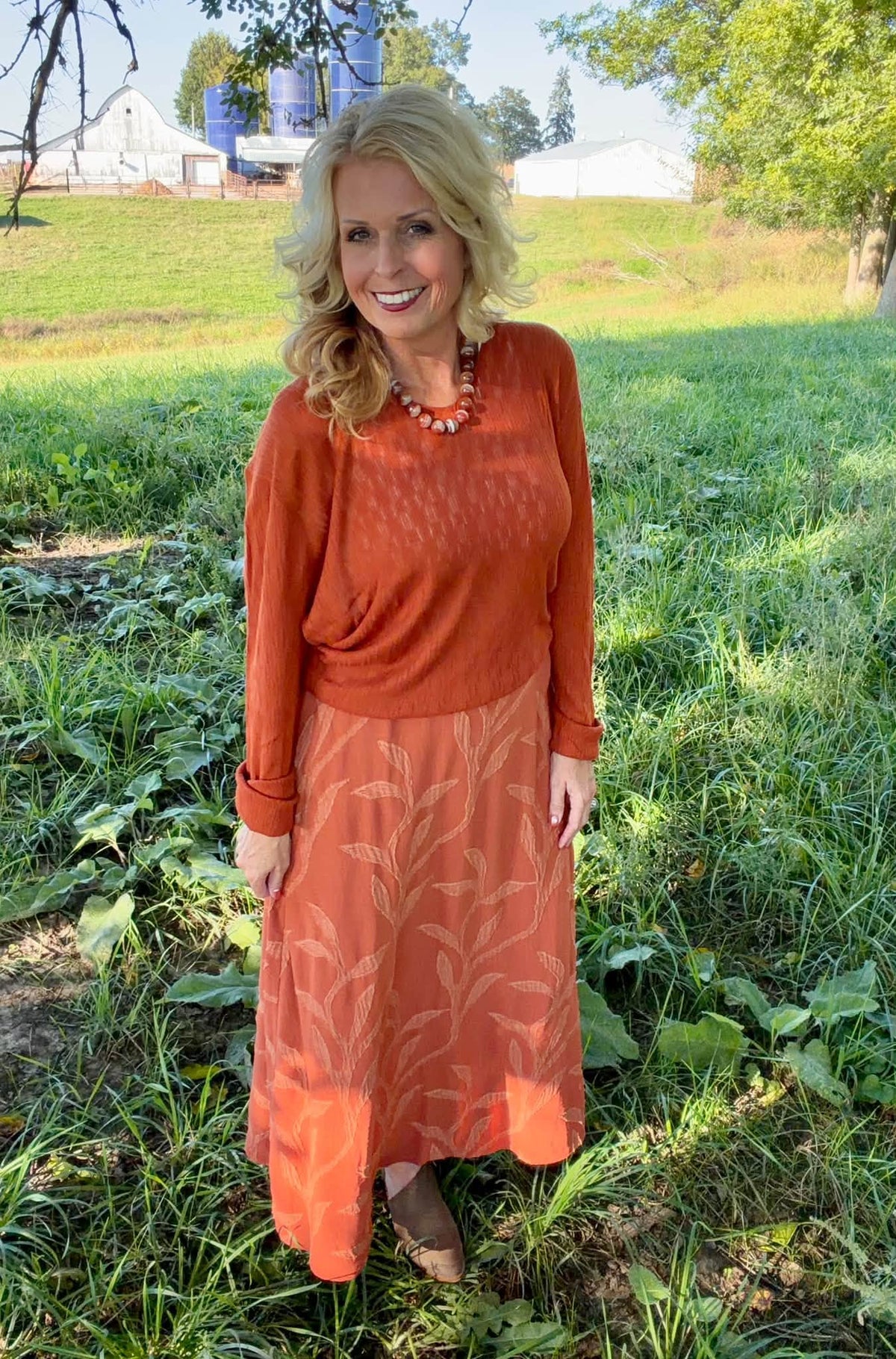 LuLaRoe Aurelia Maxi Skirt - Solid Rust Orange Tonal Leaf Vine - additional view 2