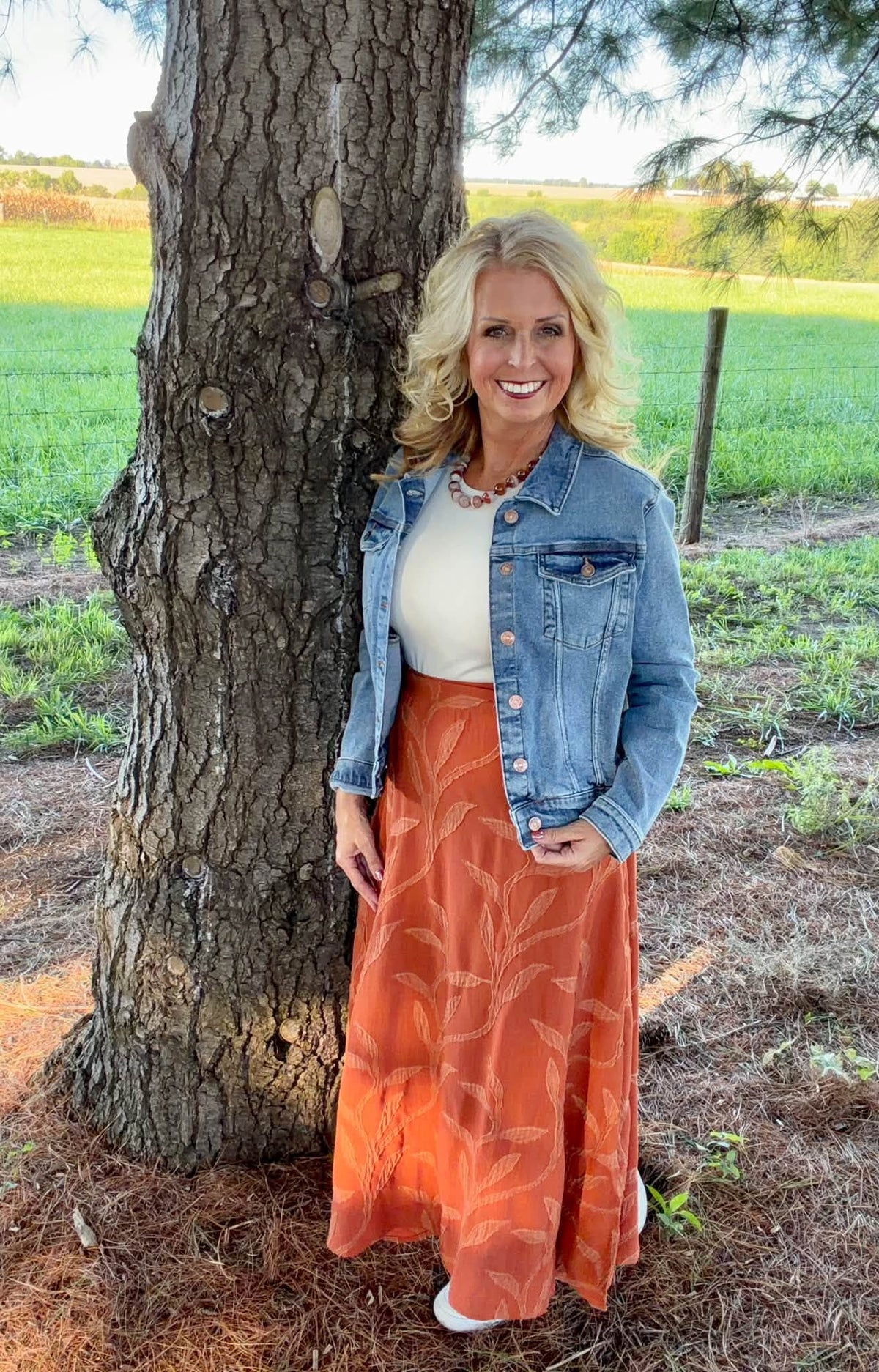 LuLaRoe Aurelia Maxi Skirt - Solid Rust Orange Tonal Leaf Vine - additional view 5