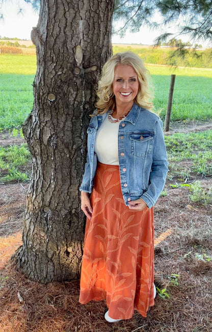 LuLaRoe Aurelia Maxi Skirt - Solid Rust Orange Tonal Leaf Vine - additional view 5