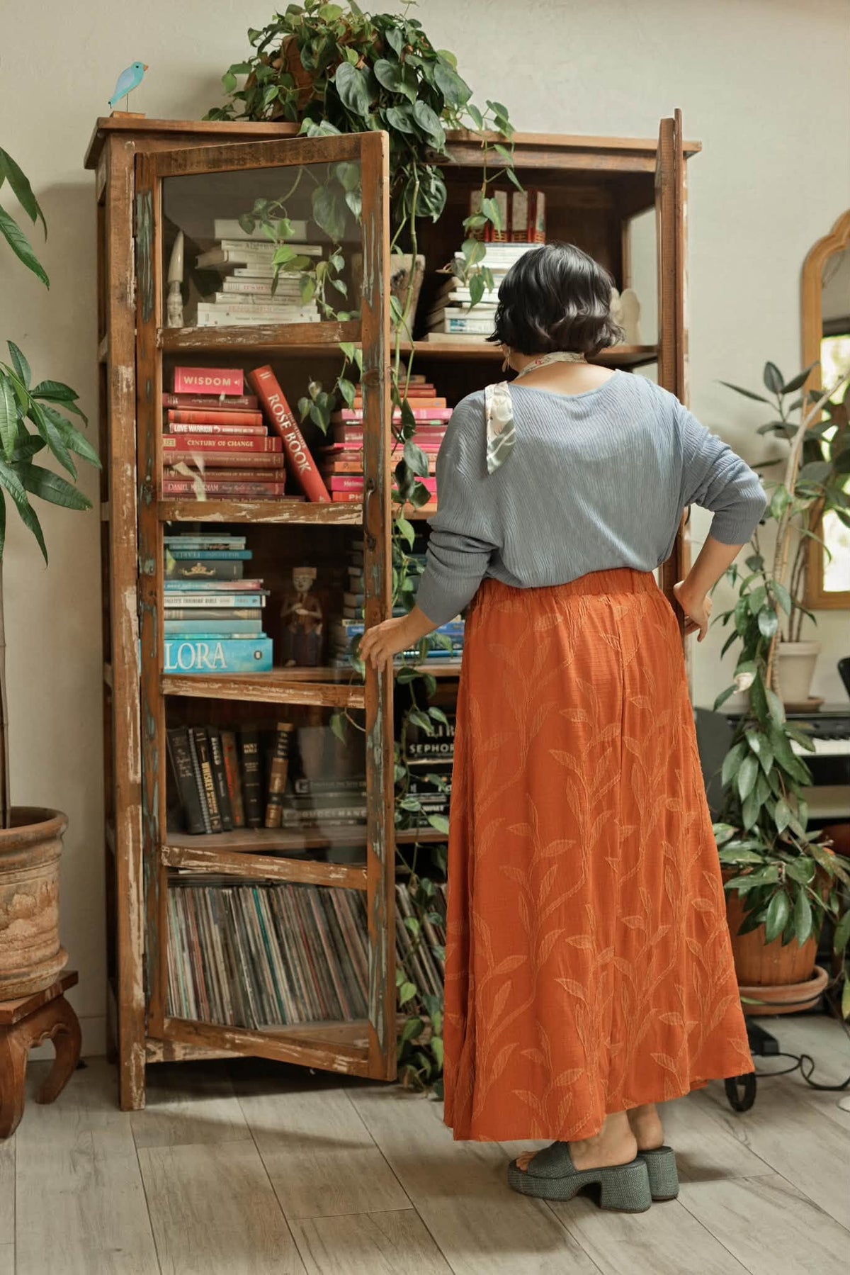 LuLaRoe Aurelia Maxi Skirt - Solid Rust Orange Tonal Leaf Vine - additional view 7