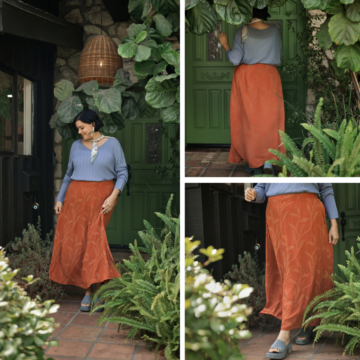 LuLaRoe Aurelia Maxi Skirt - Solid Rust Orange Tonal Leaf Vine - additional view 8