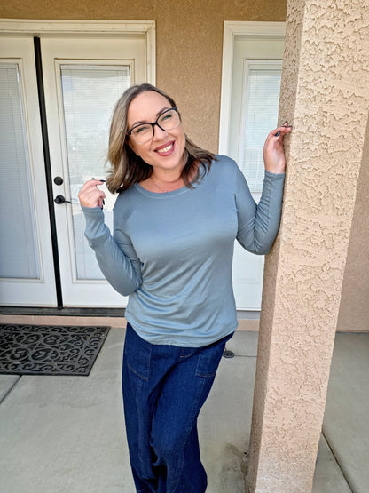LuLaRoe Essential Long Sleeve Top Solid Dusty Sage - women’s crewneck stretch baby rib long sleeve shirt, product photo 3