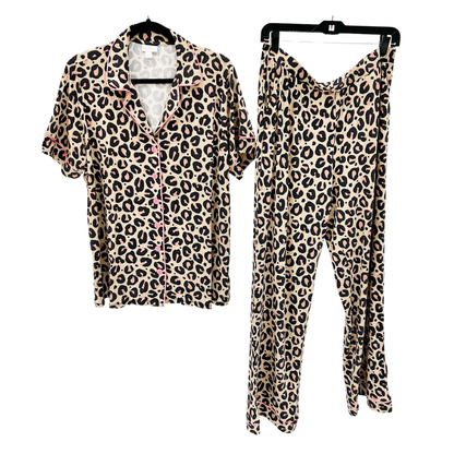 LuLaRoe Serene Set in beige leopard print with pink piping, featuring a relaxed button-front top and matching pull-on lounge pants for elevated everyday comfort.