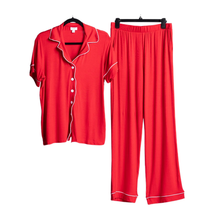 LuLaRoe Serene Set in solid red with white piping, featuring a relaxed button-front top and coordinating pull-on lounge pants for elevated everyday comfort against a white background