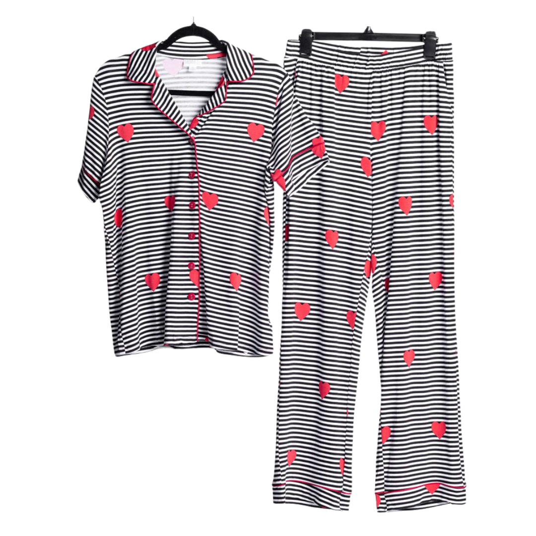 LuLaRoe Serene Set in black and white stripe print with red hearts, featuring a relaxed button-front top with contrast piping and coordinating pull-on lounge pants against a white background