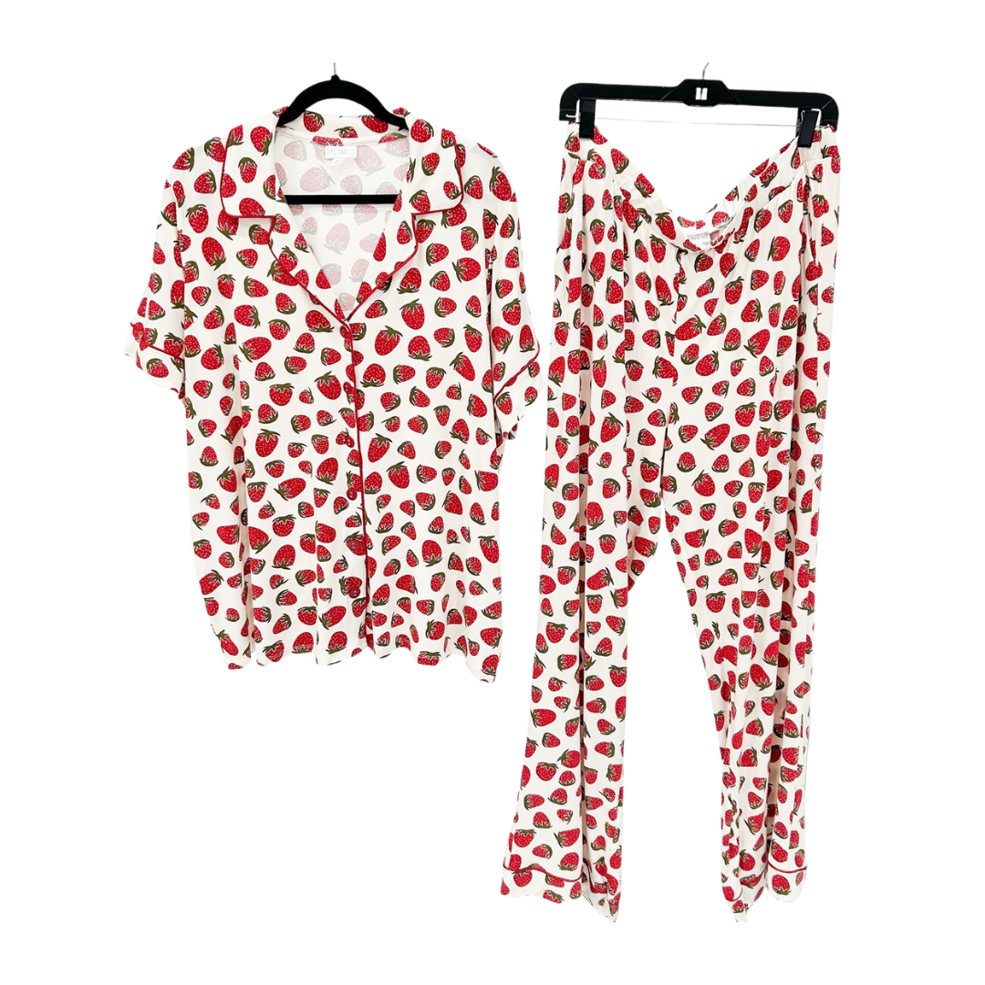 LuLaRoe Serene Set in white with red strawberry print and green accents, featuring a relaxed button-front top and coordinating pull-on lounge pants against a white background
