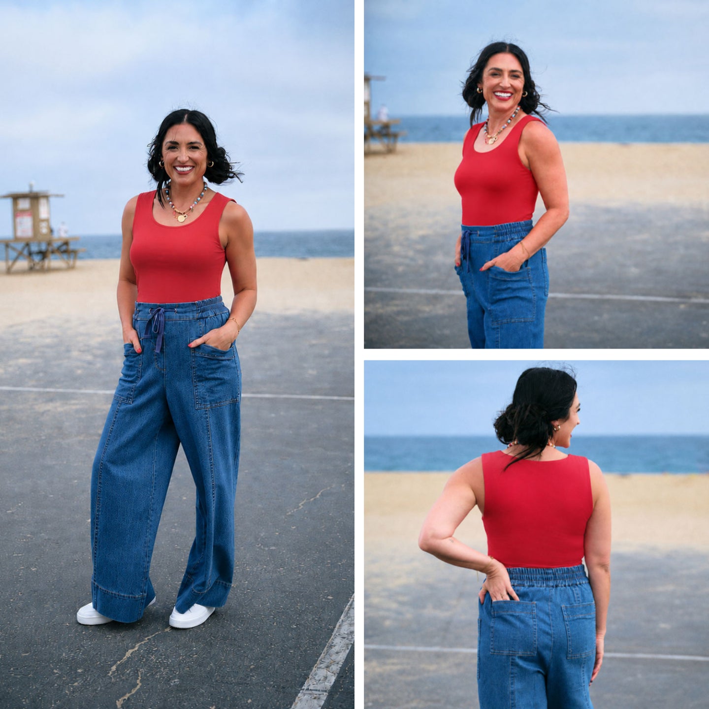 Style collage featuring the LuLaRoe Robyn Fitted Tank in solid crimson red