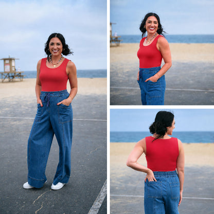 Style collage featuring the LuLaRoe Robyn Fitted Tank in solid crimson red