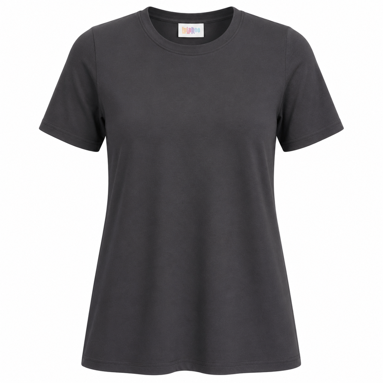 LuLaRoe Essential Tee in Solid Charcoal Gray featuring a classic crew neckline, short sleeves, and a semi-relaxed fit in soft luxe modal fabric, women's casual everyday basic top on a white background