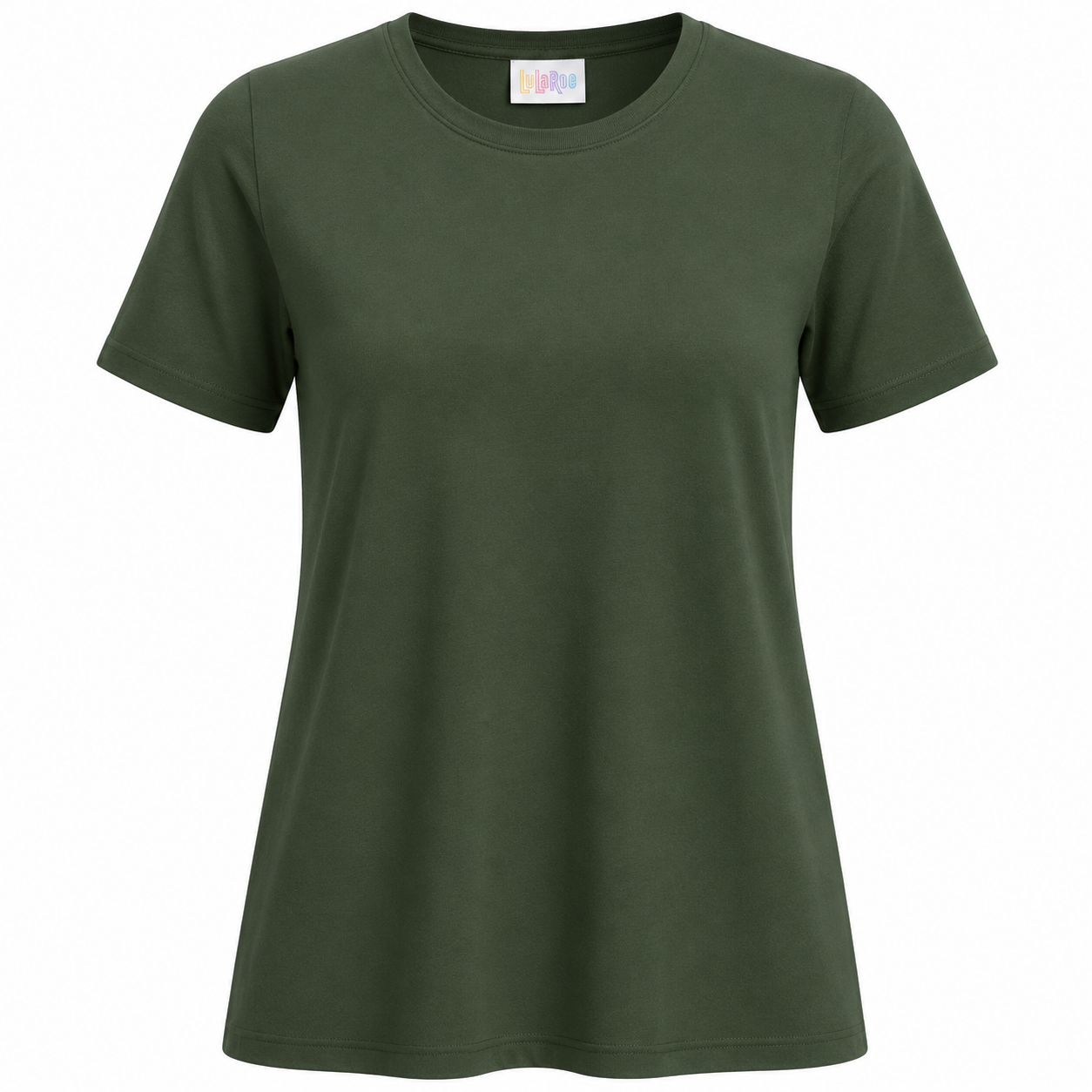LuLaRoe Essential Tee in Solid Olive Grove featuring a classic crew neckline, short sleeves, and a semi-relaxed fit in soft luxe modal fabric, women's green casual everyday top on a white background