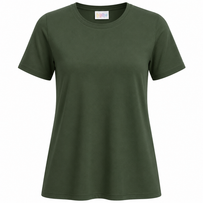 LuLaRoe Essential Tee in Solid Olive Grove featuring a classic crew neckline, short sleeves, and a semi-relaxed fit in soft luxe modal fabric, women's green casual everyday top on a white background