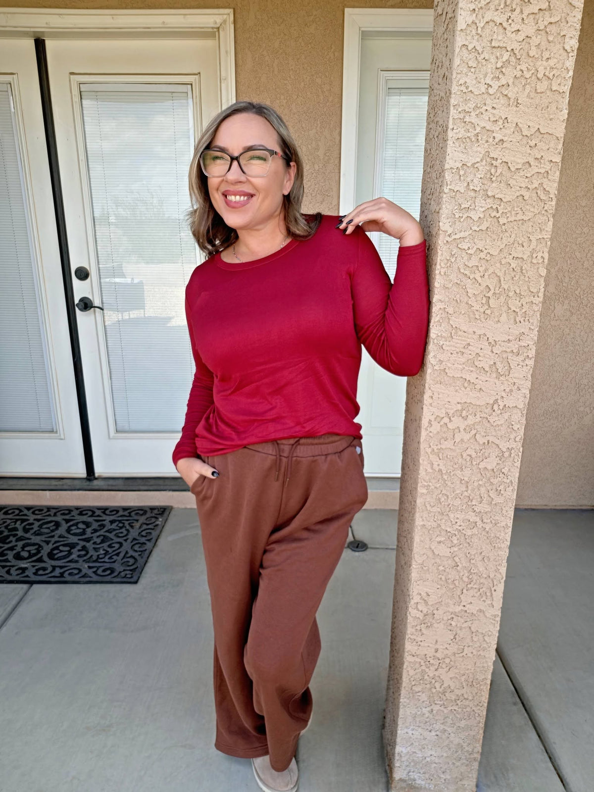 LuLaRoe Essential Long Sleeve Top Solid Crimson Berry - women’s crewneck stretch baby rib long sleeve shirt, product photo 4
