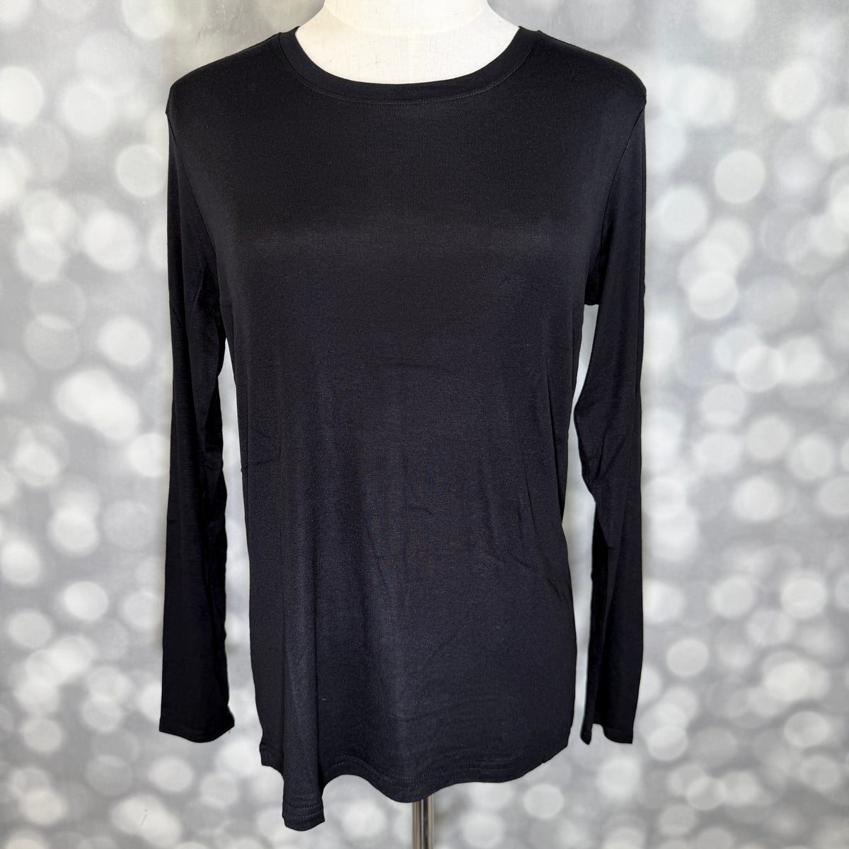 LuLaRoe Essential Long Sleeve Top Solid Black - women’s crewneck stretch baby rib long sleeve shirt, product photo 2