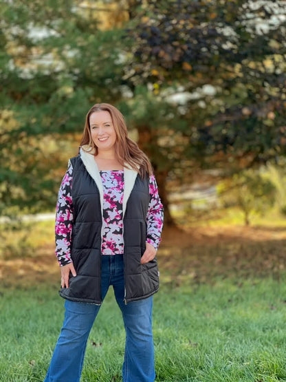 LuLaRoe Alta Reversible Long Vest Solid Black, lifestyle and detail photo 10