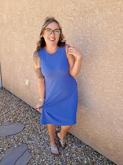 LuLaRoe Charlotte Dress - Solid Denim Blue Sleeveless A-Line Dress with Pockets